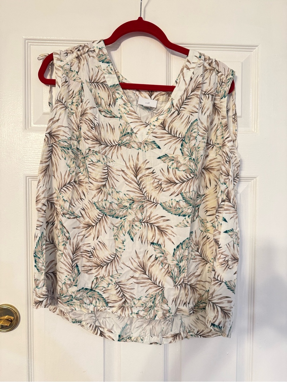 J. Jill Palm-Print V-Neck Sleeveless Top — White, Tan, Green